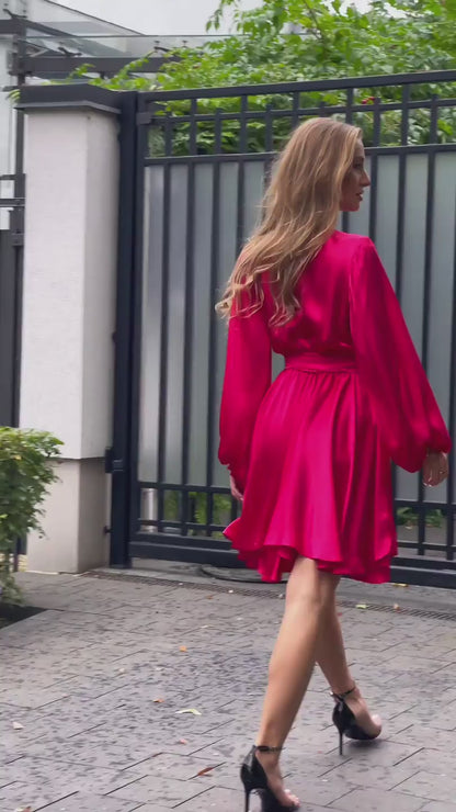 Fuksjowa sukienka na wesele - rozkloszowana pełne koło z satyny id:1593