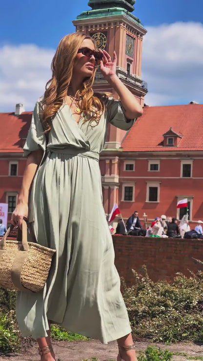 Pistacjowa sukienka na wesele midi z wiskozy rozkloszowana z bufiastymi rękawami id:2097
