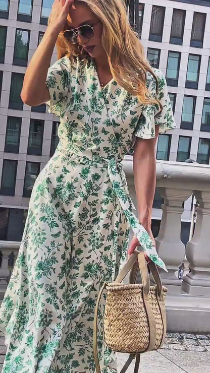 Wiązana satynowa sukienka w zielone kwiaty id:2173