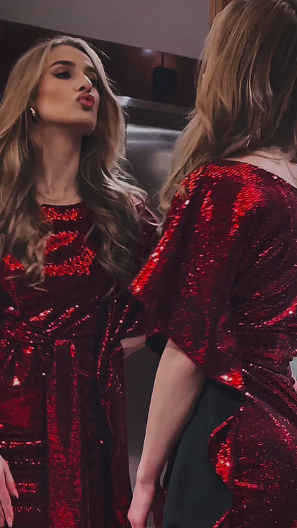 Cekinowa bordowa sukienka mini nietoperz na 18 urodziny id:1746