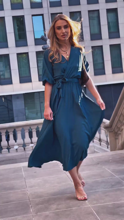 Morska elegancka sukienka midi z wiskozy bufiastymi rękawami id:2184