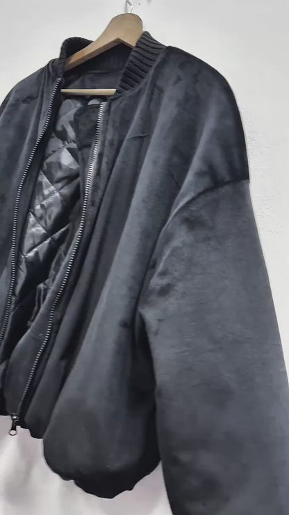 Czarna ocieplana welurowa kurtka bomberka damska oversize  id:2316