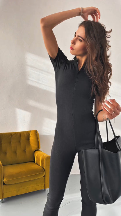 Elegancki  czarny kombinezon z wiskozy na zamek id:2388