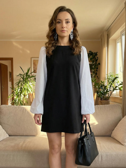 Czarnobiała sukienka trapezowa mini z koszulowymi rękawami oversize id:2304