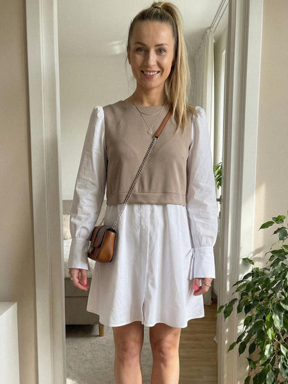 Biało beżowa sukienka z kontrastowymi koszulowymi rękawami id:2303