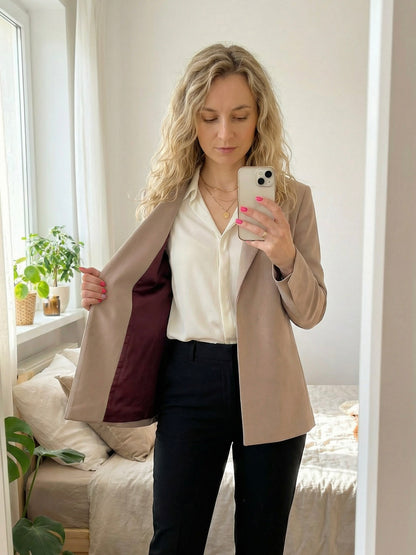 Beżowa marynarka z paskiem i wiśniową podszewką id:2299