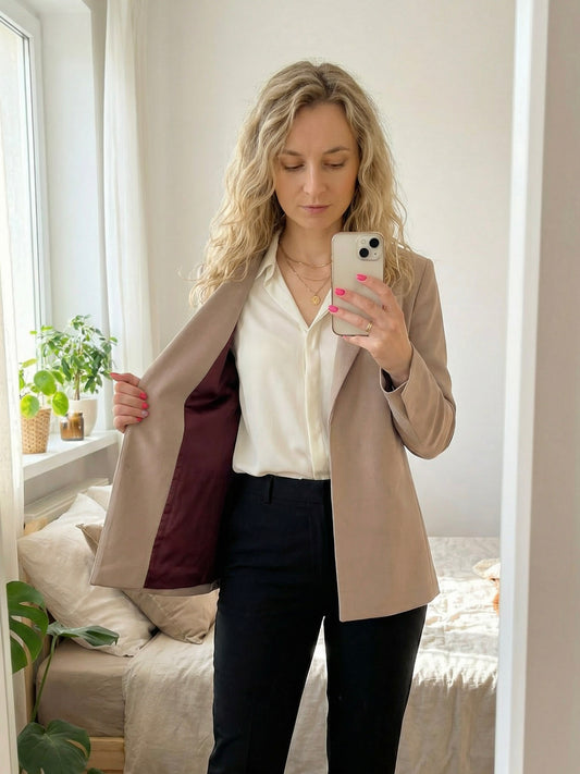 Beżowa marynarka z paskiem i wiśniową podszewką id:2299