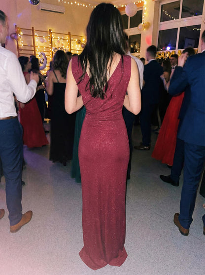 Bordowa brokatowa sukienka maxi wieczorowa na Studniówkę z rozcięciem id:2278