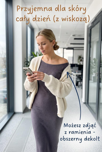 Szara prążkowana sukienka sweterkowa midi na codzień z wiskozy długim rękawem id:1594