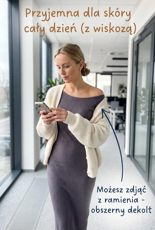 Szara prążkowana sukienka sweterkowa midi na codzień z wiskozy długim rękawem id:1594