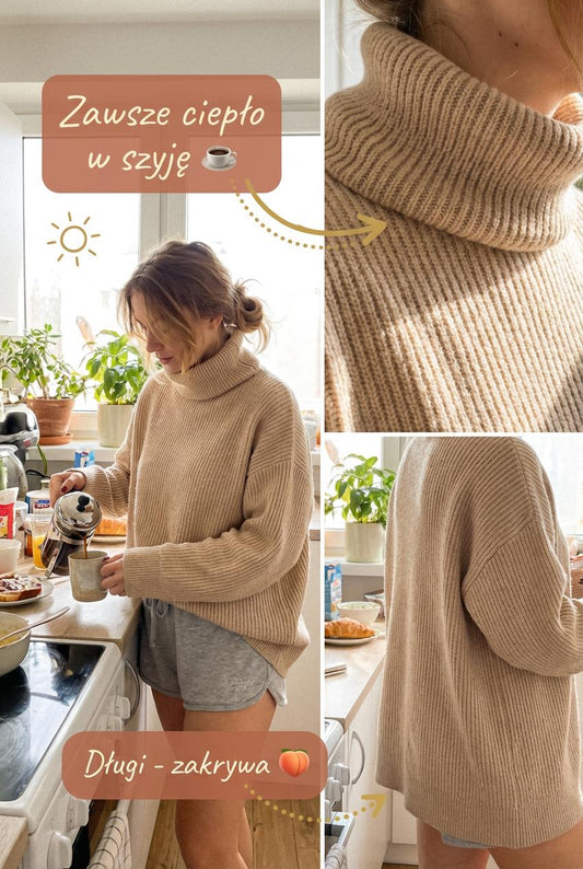 Sweter oversize z golfem w kolorze beżowym id:2233