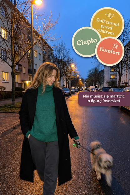 Sweter oversize z golfem w kolorze butelkowo zielonym id:2232