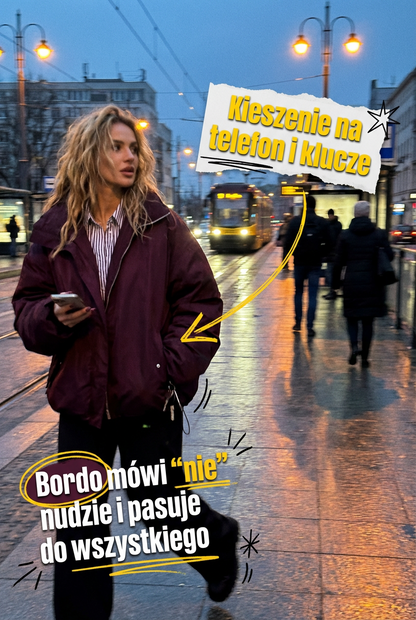 Damska ocieplana bordowa kurtka damska pikowana oversize na zimę z dużą stójką id:2239