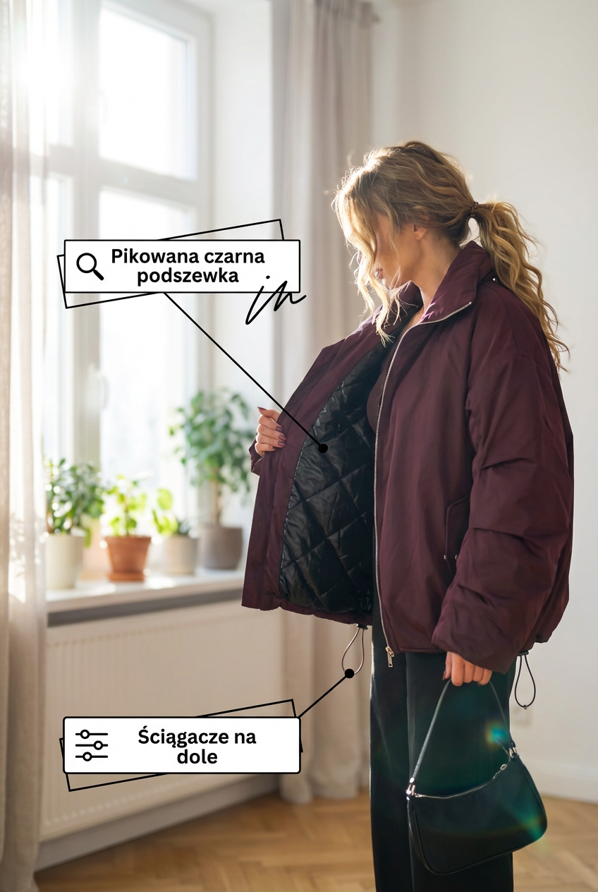 Damska ocieplana bordowa kurtka damska pikowana oversize na zimę z dużą stójką id:2239