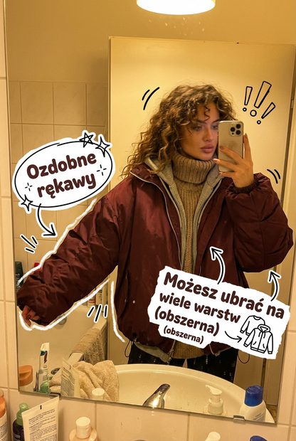 Damska ocieplana bordowa kurtka damska pikowana oversize na zimę z dużą stójką id:2239