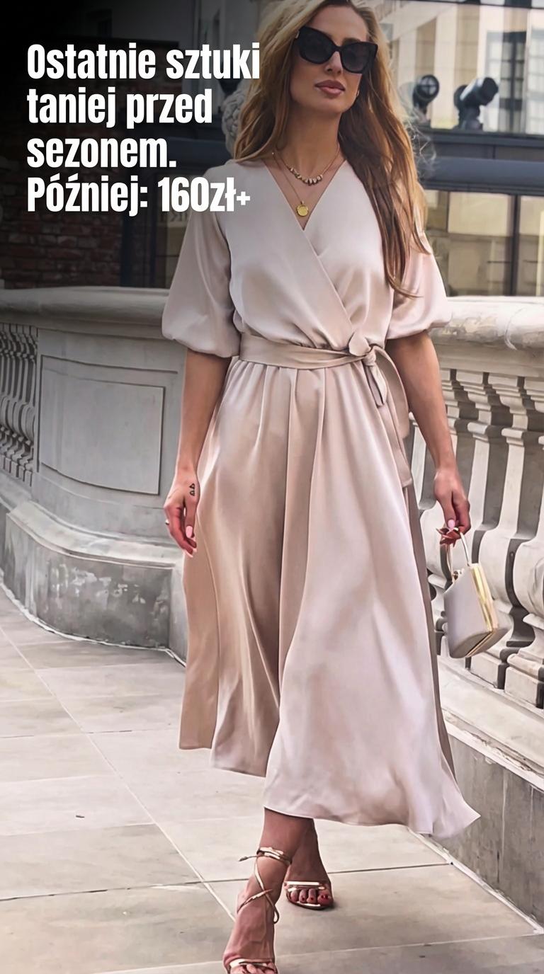 Szampańska sukienka na wesele maxi do kostek z bufiastymi rękawami rozkloszowana id:2113