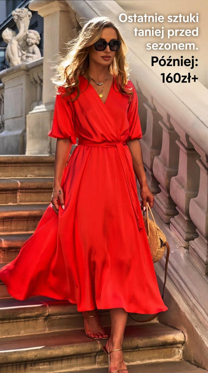 Satynowa sukienka na wesele pomarańczowo koralowa rozkloszowana midi id:2157