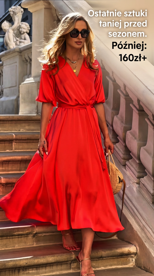 Satynowa sukienka na wesele pomarańczowo koralowa rozkloszowana midi id:2157